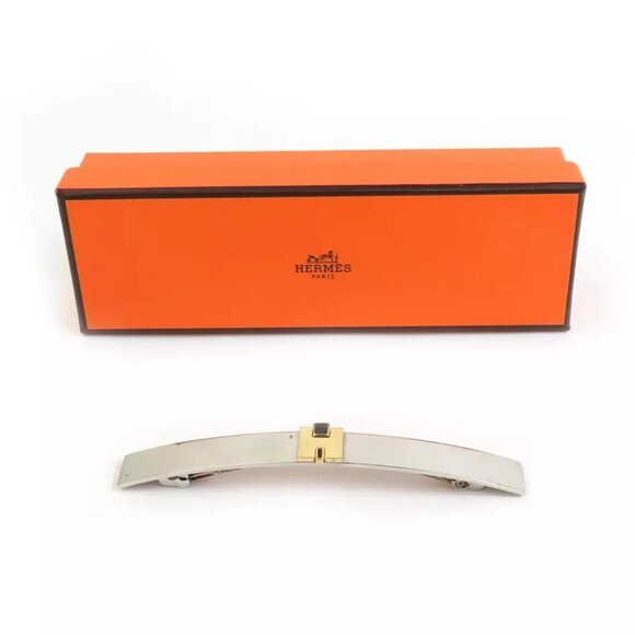 Auth HERMES Barrette Hair Clip Silver/Gold /Black Metal/Enamel - Picture 1 of 16